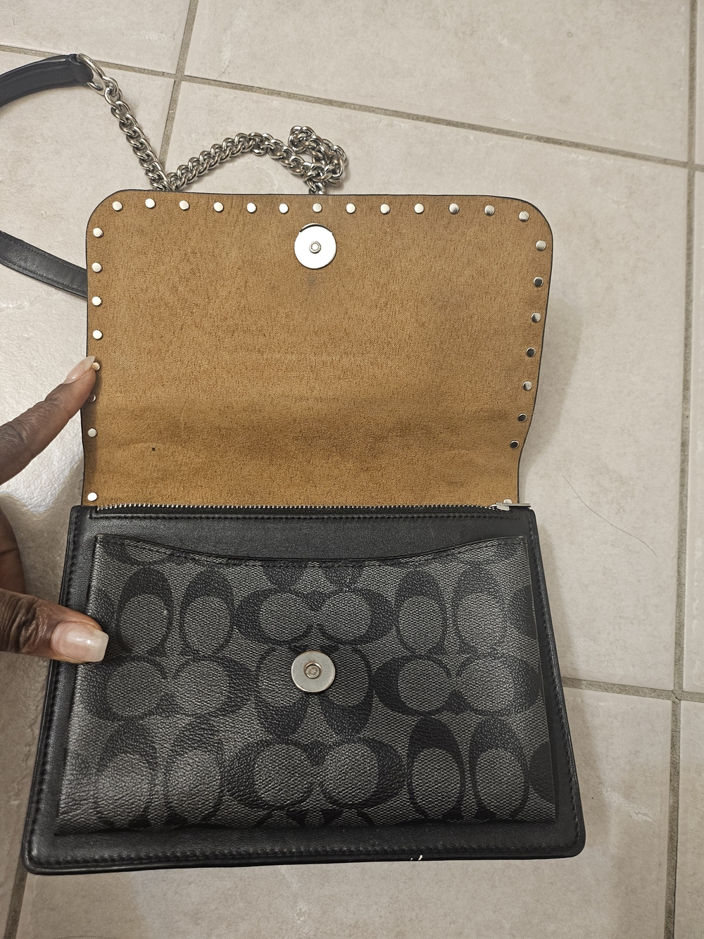 Coach Black Signature Canvas Crossbody with Tan Suede Flap